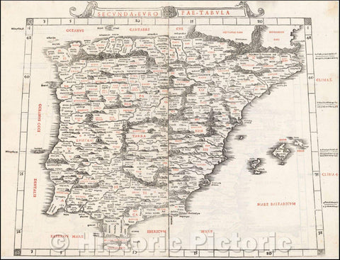 Historic Map - (Spain, Portugal, Balearic Islands) Secunda Europae Tabula/The First Map of the Iberian Peninsula Printed in Two Colors, 1511 - Vintage Wall Art