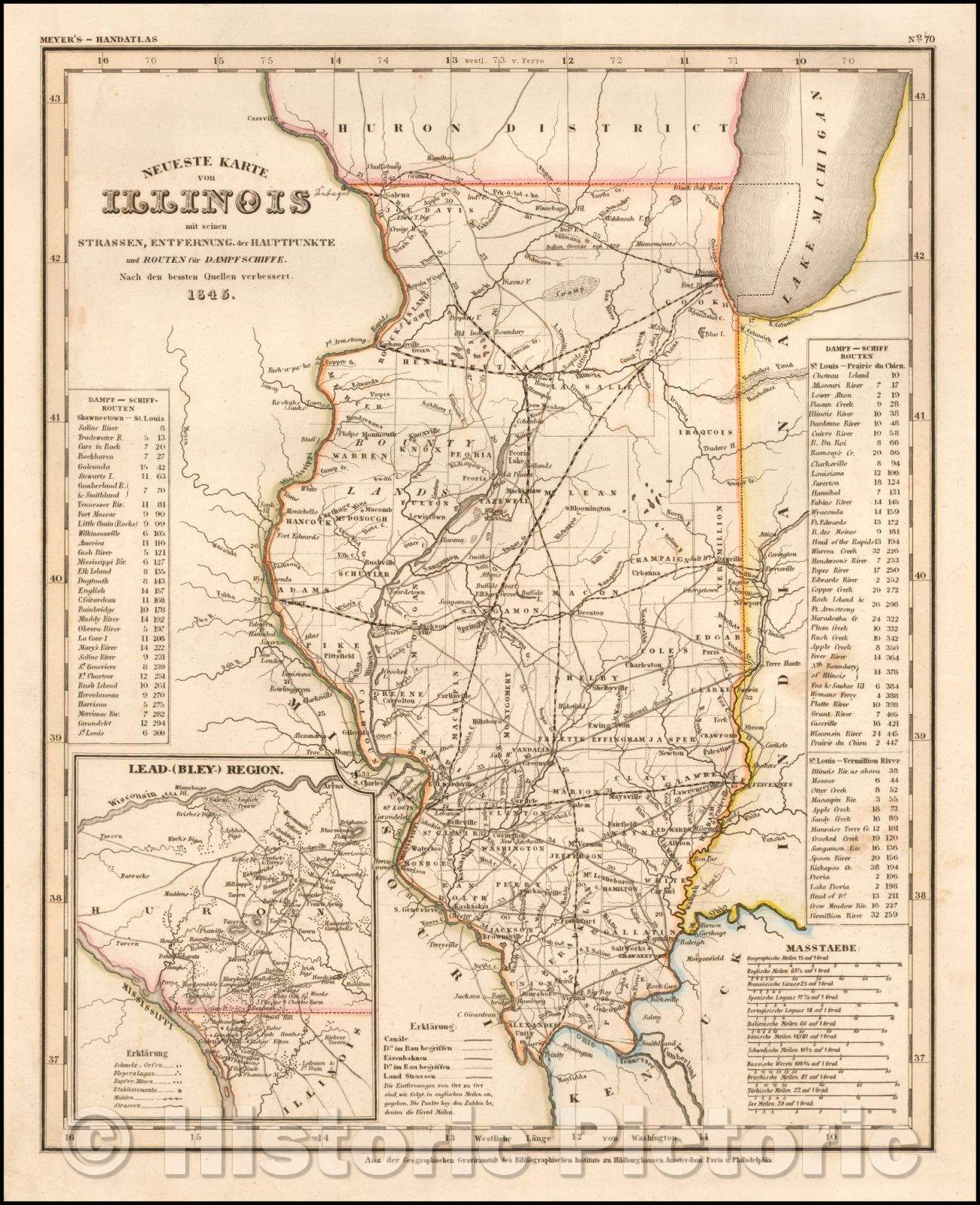Historic Map Neueste Karte von Illinois mit seinen Strassen, Entfern