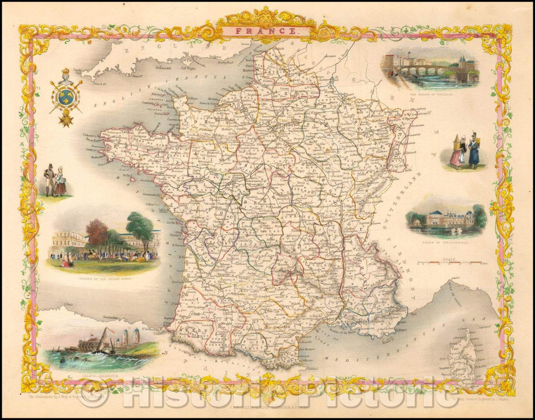 Historic Map - France, 1851, John Tallis - Vintage Wall Art