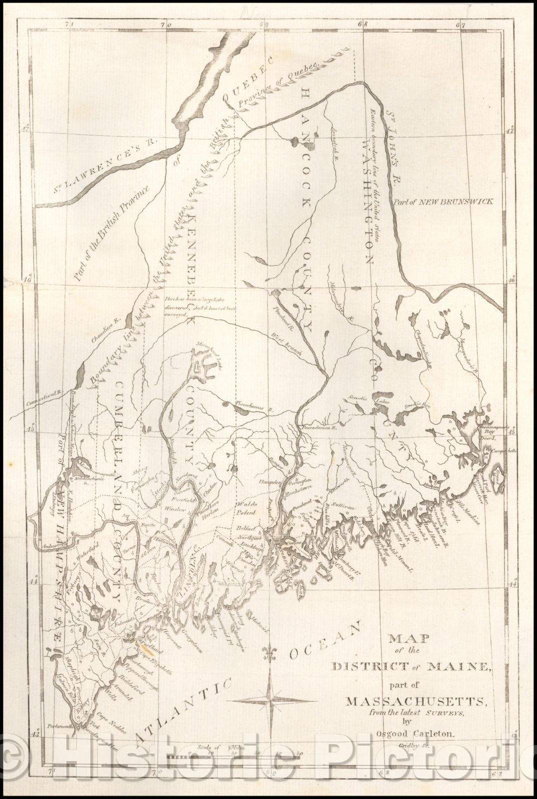 Historic Map - Map of the District of Maine, part of Massachusetts, from the latest Surveys, 1802, Jedidiah Morse - Vintage Wall Art