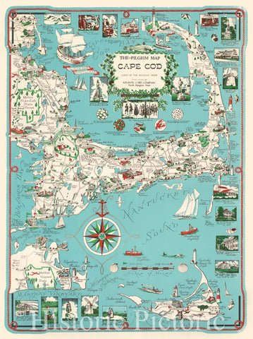Historic Map - The Pilgrim Map Cape Cod Martha's Vineyard and Nantucket, 1949, Clara Katrina Chase - Vintage Wall Art