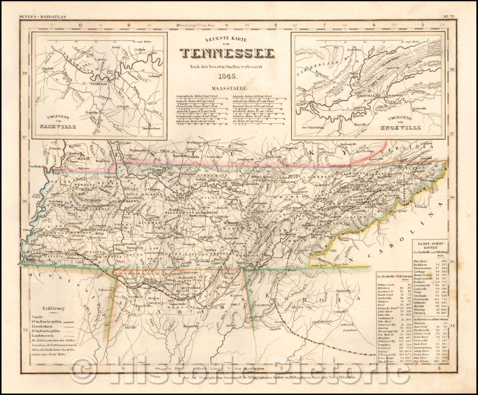 Historic Map - Neueste Karte von Tennessee/Second state of Meyer's Map of Tennessee, 1845, Joseph Meyer - Vintage Wall Art