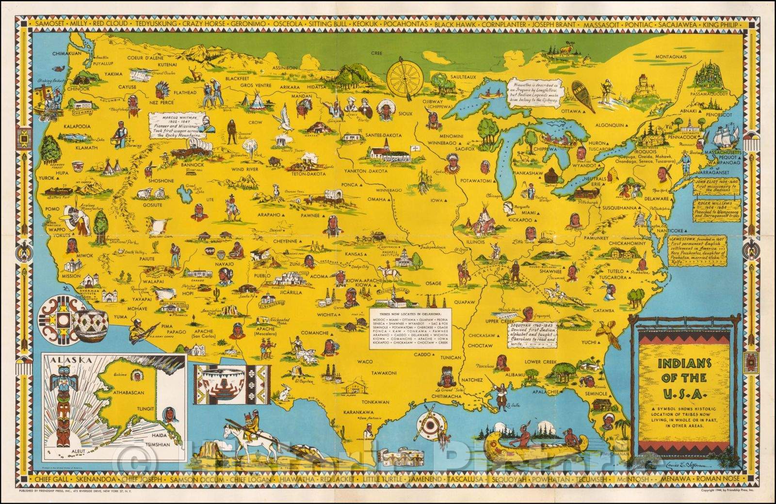 Historic Map - Indians of the U.S.A. A Symbol Showing Historic Locations of Tribes Now Living, In Whole or In Part, In Other Areas, 1944, Louise E. Jefferson - Vintage Wall Art