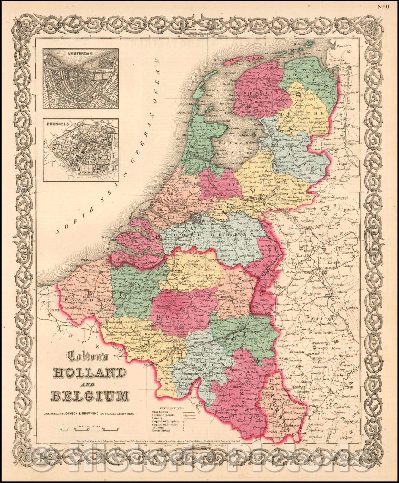 Historic Map - Holland and Belgium (Amsterdam and Brussels insets), 1860, Joseph Hutchins Colton - Vintage Wall Art