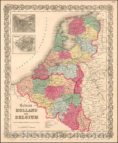 Historic Map - Holland and Belgium (Amsterdam and Brussels insets), 1860, Joseph Hutchins Colton - Vintage Wall Art