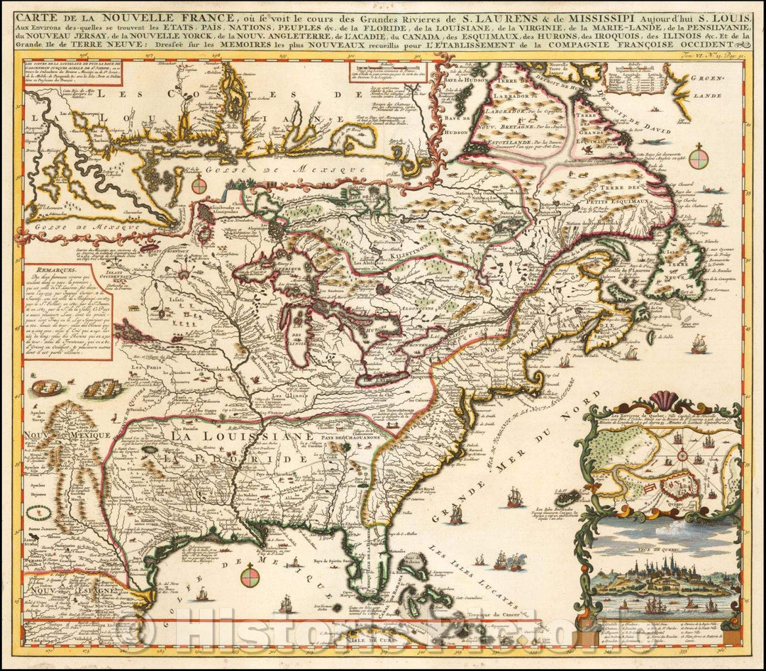 Historic Map - Carte De La Nouvelle France, ou se voit le cours des Grandes Rivieres de. S. Laurens & de Mississipi, 1719, Henri Chatelain v1