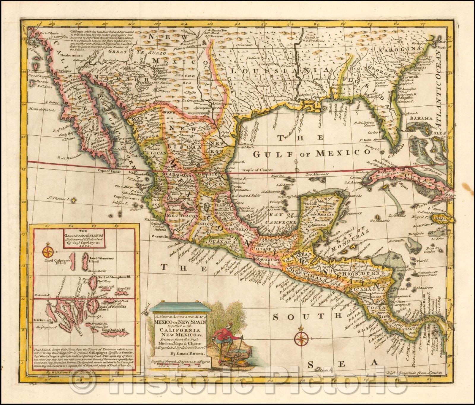 Historic Map - A New & Accurate Map of Mexico or New Spain together with California New Mexico [Inset map of the Galapagos Islands], 1747, Emanuel Bowen - Vintage Wall Art