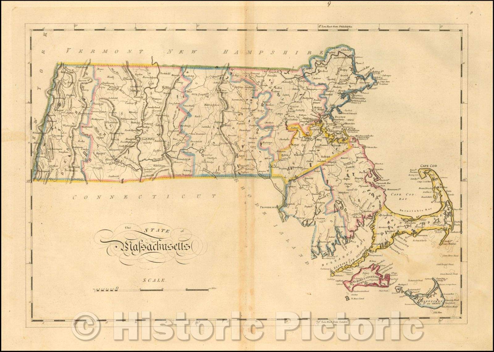 Historic Map - The State of Massachusetts, 1814, Mathew Carey - Vintage Wall Art