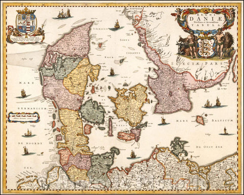 Historic Map - Regni Daniae, Novissima et Accuratissima :: Kingdom of Denmark and the tip of Sweden, published in Amsterdam by Joachim Bor meester, 1685 - Vintage Wall Art