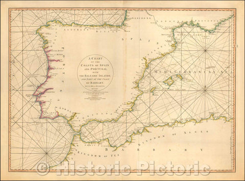 Historic Map - A Chart of the Coasts of Spain and Portugal, with the Balearic Islands, and Part of the Coast of Barbary. MDCCLXXX. 2d. Edition, 1780 v2