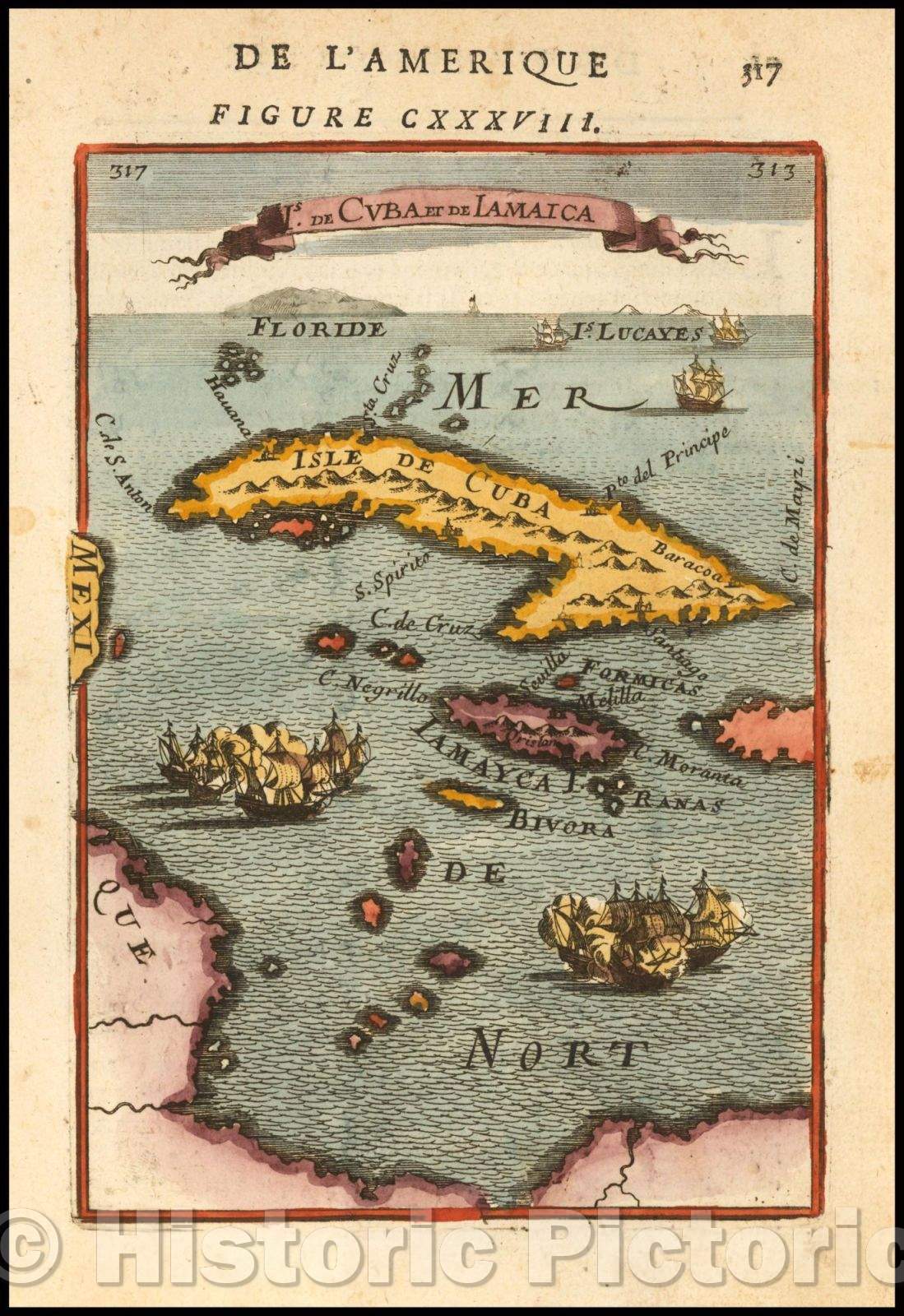 Historic Map - Is. De Cuba et de Jamaica/Map of Cuba, Jamaica and the Cayman Islands, which are named S. Spirito and C. Nigrello, 1683, Alain Manesson Mallet - Vintage Wall Art
