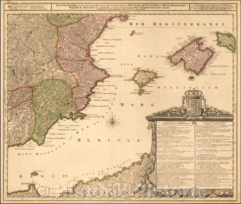 Historic Map - Accuratissima et Nunc Novissime Revisa Correctaque tabula Regnorum Valentiae et M :: Balearic Islands and contiguous coastline of Spain, 1720 - Vintage Wall Art