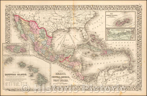 Historic Map - Map of Mexico, Central America, and the West Indies [Insets of Bermuda, Sandwich Islands, Jamaica and Panama Railroad], 1874 - Vintage Wall Art