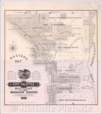 Historic Map - Map of the City of Seattle King County Washington Territory, 1882, Sylvanus C. Harris - Vintage Wall Art