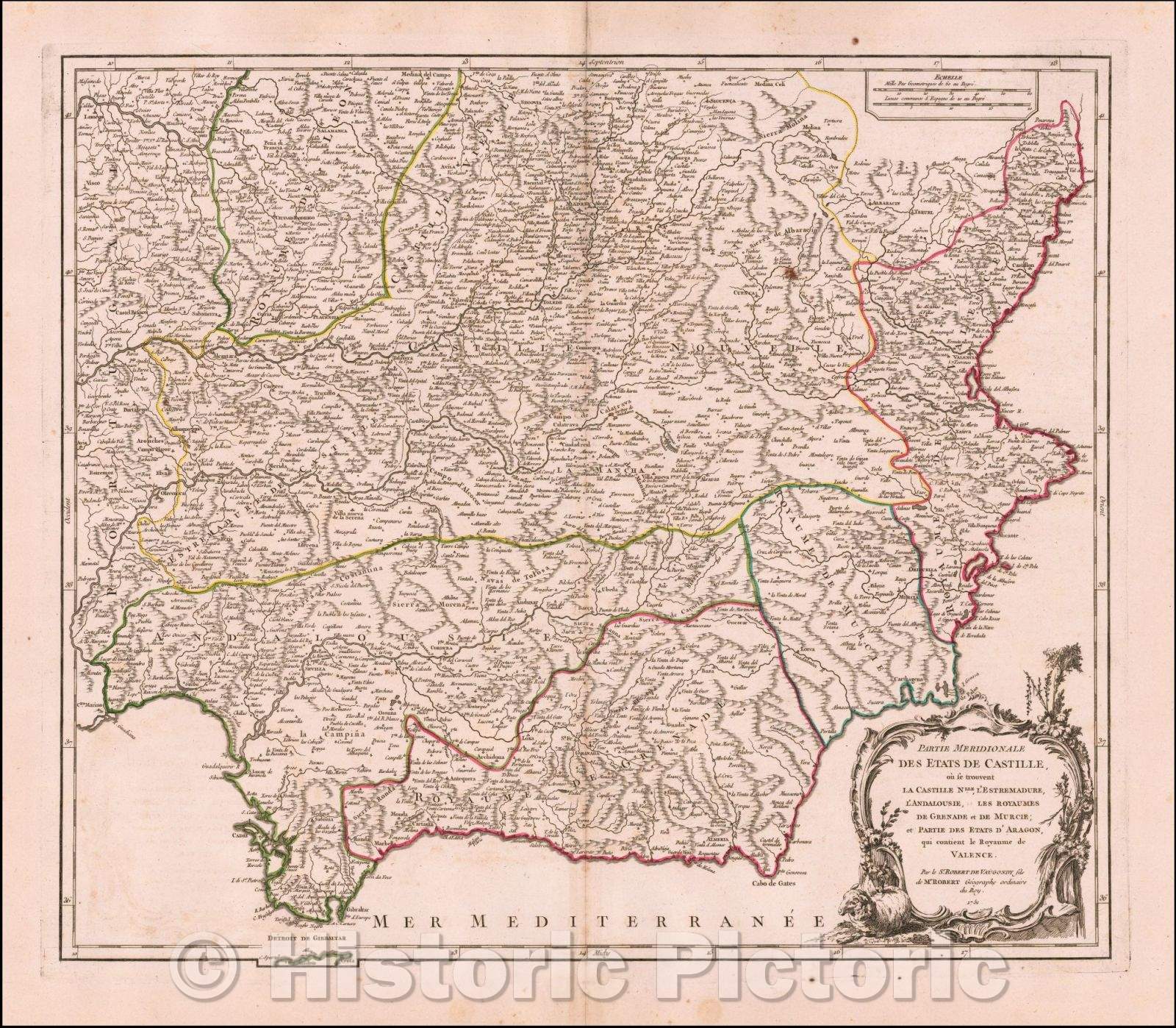 Historic Map - Partie Meridionale Des Etats de Castille ou se trouvent La Castille Nlle, L'Estremadure, L'Andalousie, Les Royaumes De Grenade et De Murcie, 1757 - Vintage Wall Art