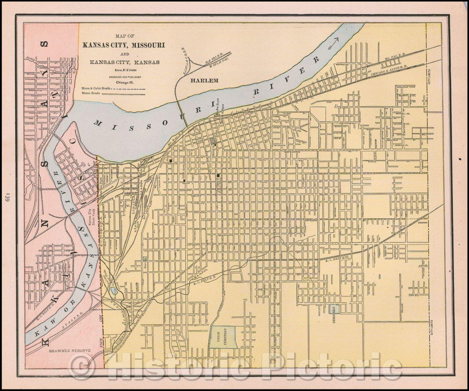 Historic Map - Map of Kansas City, Missouri and Kansas City, Kansas, 1897, George F. Cram - Vintage Wall Art