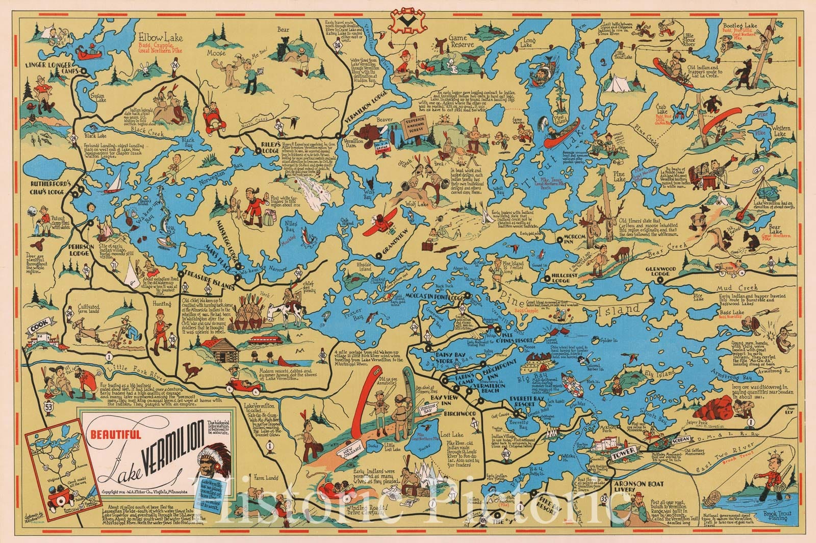 Historic Map - Beautiful Lake Vermillion, 1938, Frank Antoncich - Vintage Wall Art
