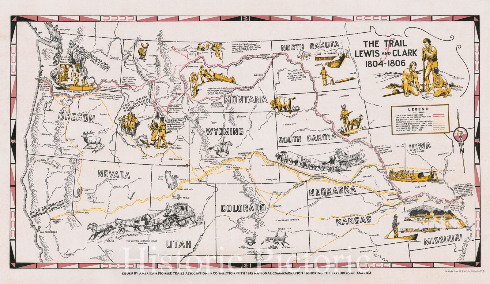 Historic Map - The Trail of Lewis and Clark 1804-1806, 1945, American Pioneer Trails Association - Vintage Wall Art