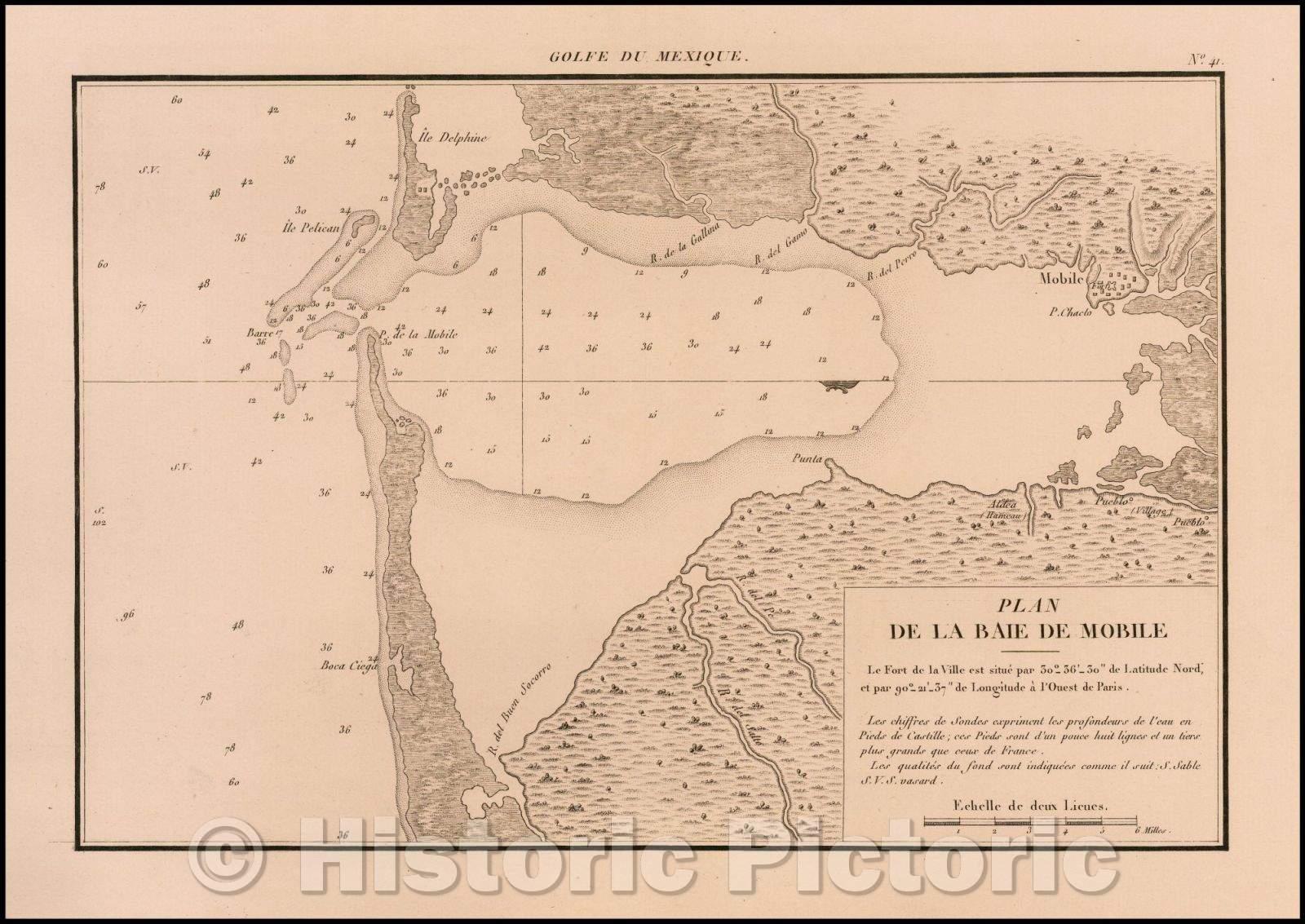 Historic Map - Plan de la Baie de Mobile/From Bath Mobile Plan, 1820, Depot de la Marine - Vintage Wall Art