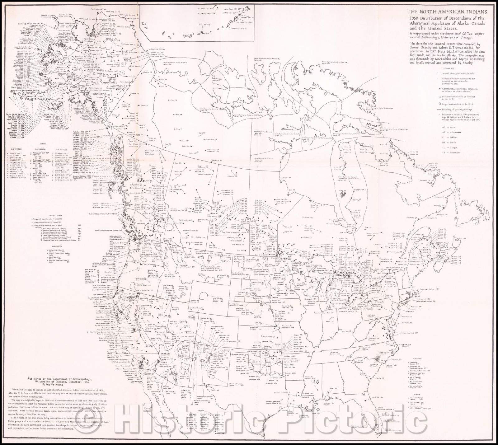 Historic Map - The North American Indians Distribution of Descendants of the Aboriginal Population of Alaska, Canada and the United States, 1956, Sol Tax - Vintage Wall Art