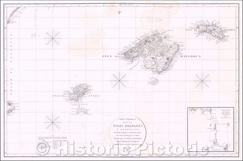 Historic Map - Carta Esferica de Las Yslas Baleares y Pithyusas, arreglada a la que se construyo :: Chart of the Balearic Islands by Jose de Espinosa y Tello, 1812 - Vintage Wall Art