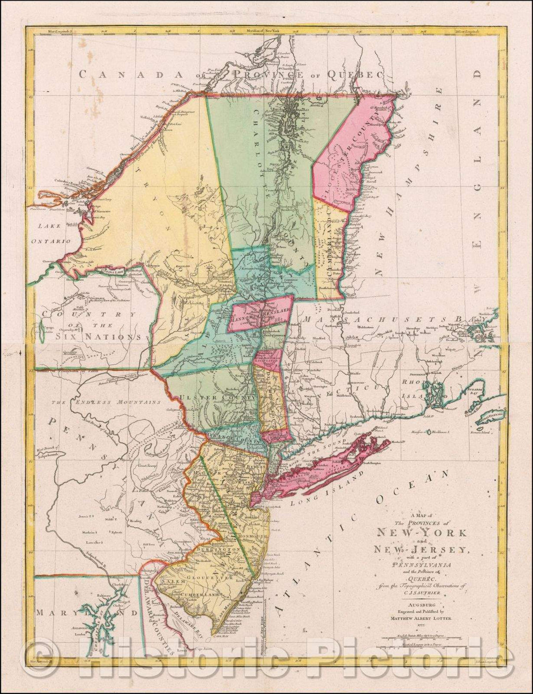 Historic Map - Provinces of New-York and New-Jersey, with a part of Pennsylvania and the Province of Qu?ec, 1777, Mathais Albrecht Lotter - Vintage Wall Art