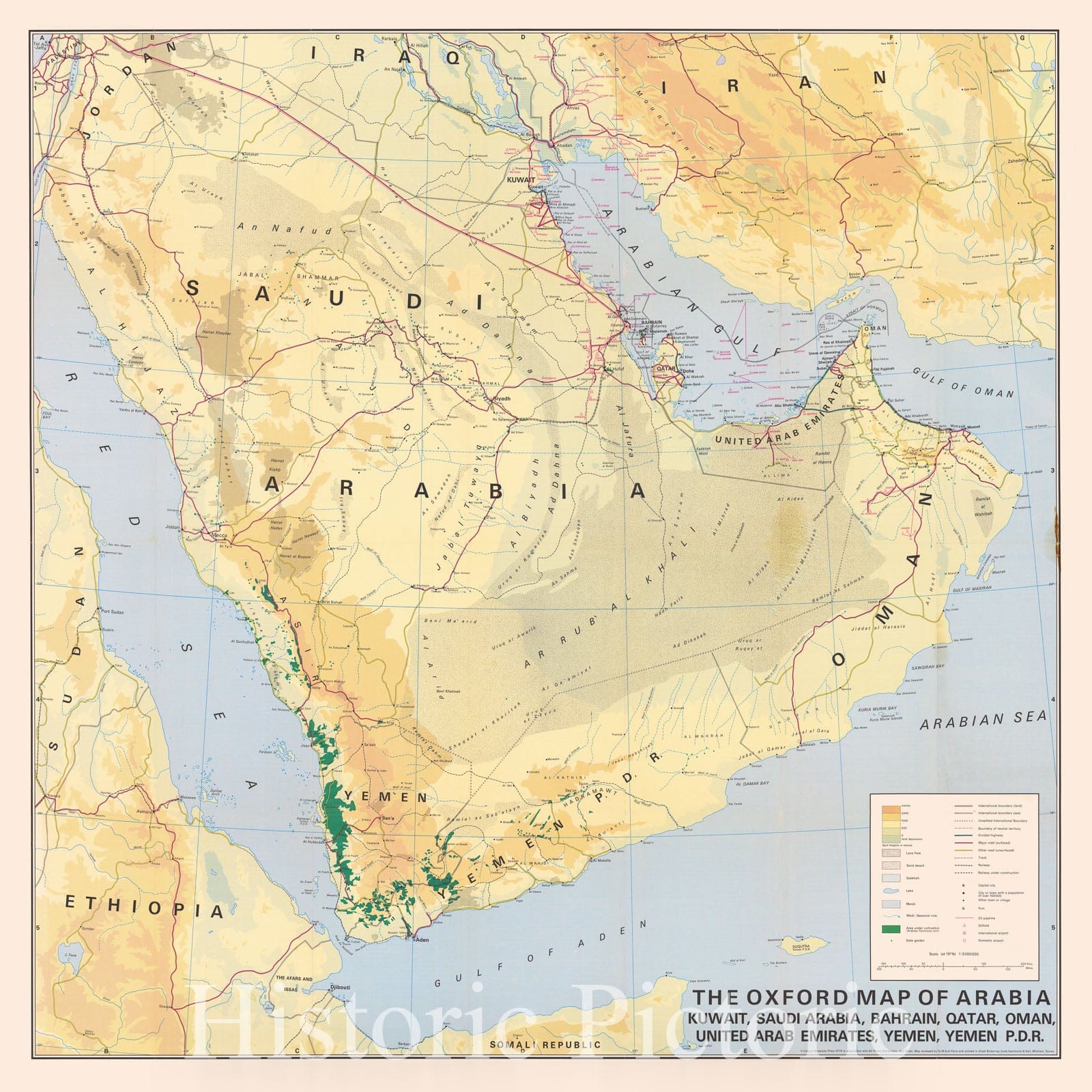 Historic Map - The Oxford Map of Arabia Kuwait, Saudi Arabia, Bahrain, Qatar, Oman, United Arab Emirates, Yemen, Yemen P.D.R, 1976, Oxford University Press - Vintage Wall Art