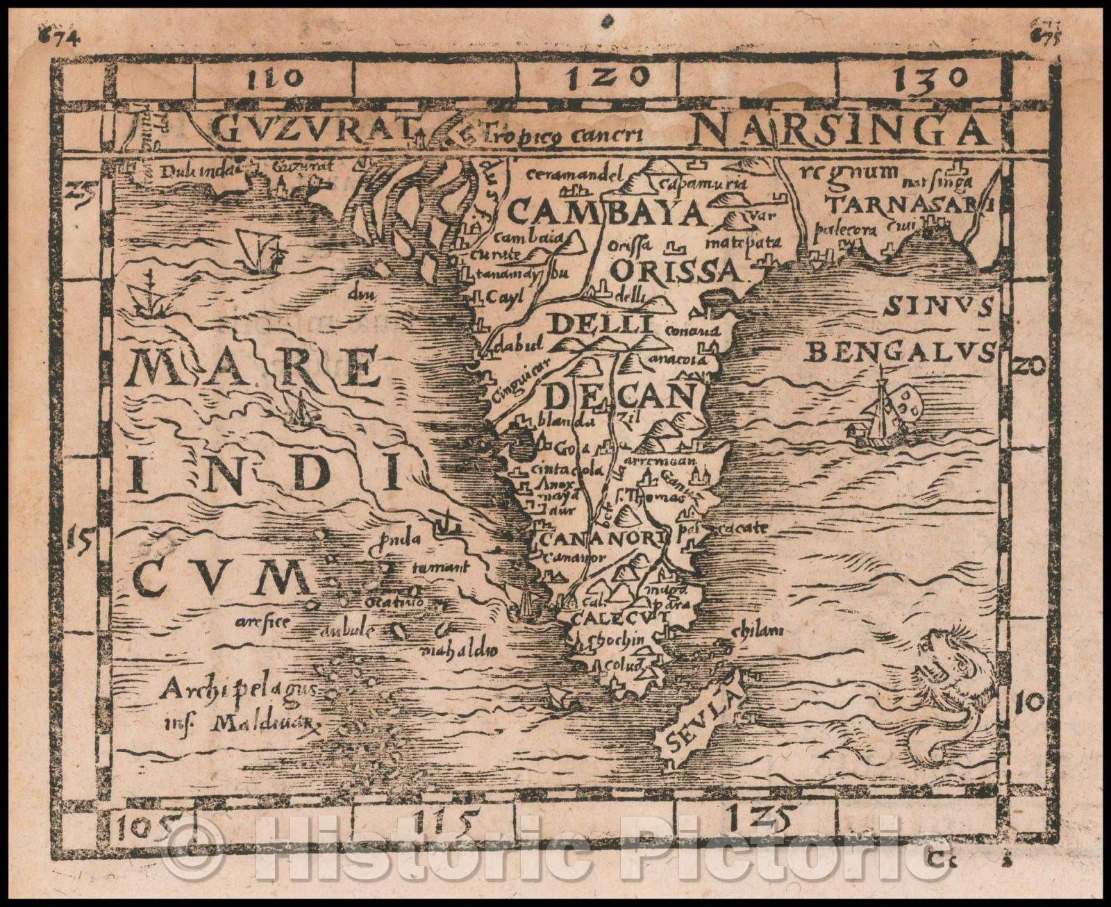 Historic Map - [India] and [Java Maior] / Map of India and Map of Java Maior, from Honter's 1561 De Cosmographiae Rudimentis, 1561, Johann Honter - Vintage Wall Art