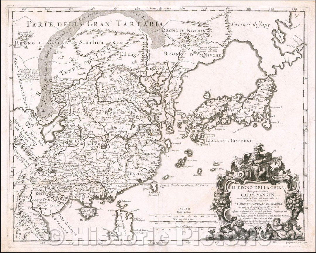 Historic Map - Il Regno Della China detto presentamente Catay e Mangin diviso sopra le Carte piu esatte nella sue Principali Provincie Da Giacomo :: China, 1682 - Vintage Wall Art