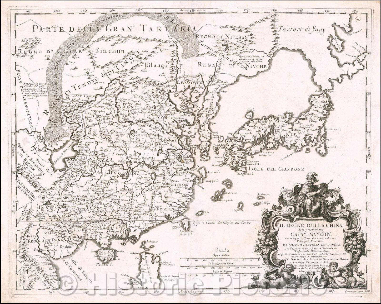Historic Map - Il Regno Della China detto presentamente Catay e Mangin diviso sopra le Carte piu esatte nella sue Principali Provincie Da Giacomo :: China, 1682 - Vintage Wall Art