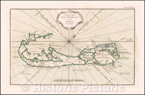 Historic Map - Carte Des Isles Bermudes ou de Sommer Tire de L'Anglois :: Bermuda by Nicolas Bellin, which appeared in Bellin's Petit Atlas Maritime, 1764 - Vintage Wall Art