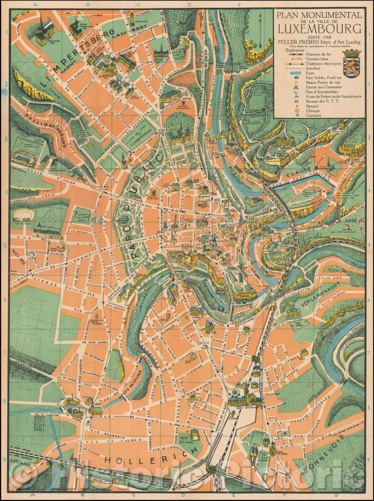 Historic Map - Plan Monumental de la Ville de Luxembourg ?it?par Feller Fr?es Impr. d'Art Luxbg. / View of Luxembourg City, 1936, Feller Fr?es - Vintage Wall Art