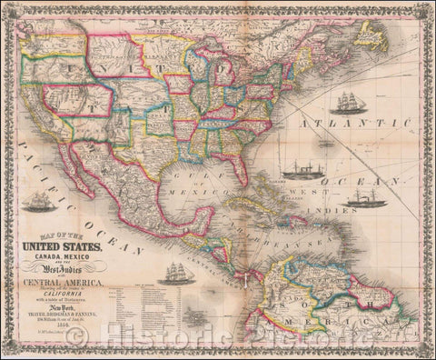 Historic Map - United States, Canada, Mexico, and the West Indies with Central America, Showing All the Routes to California, with a Table of Distances, 1853 - Vintage Wall Art