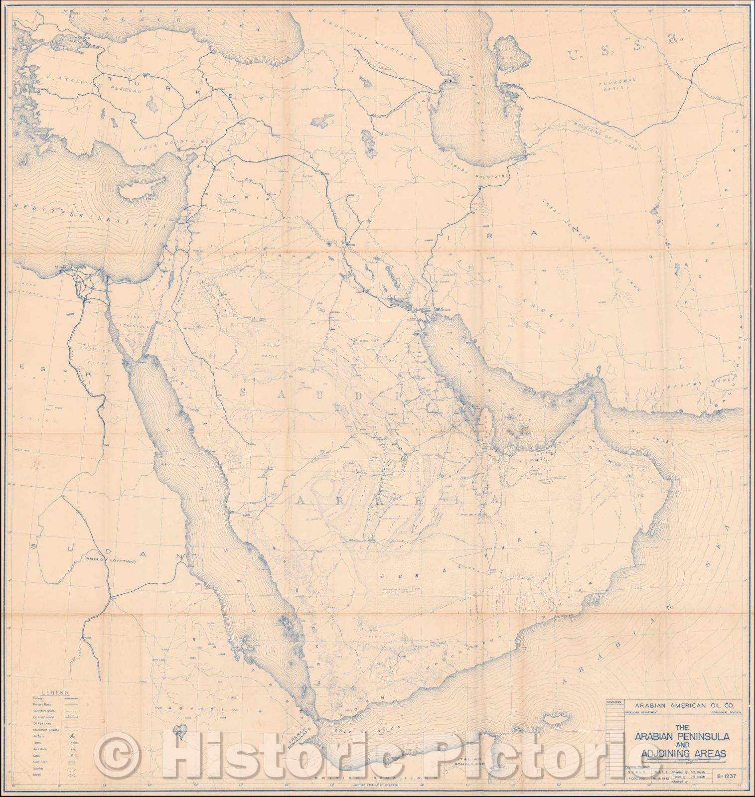 Historic Map - The Arabian Peninsula and Adjoining Areas, 1942, Arabian American Oil Co. - Vintage Wall Art