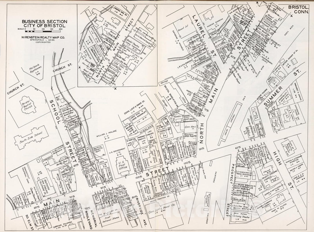 Historic Map : Business Section, City of Bristol (Connecticut)., 1946, Vintage Wall Decor