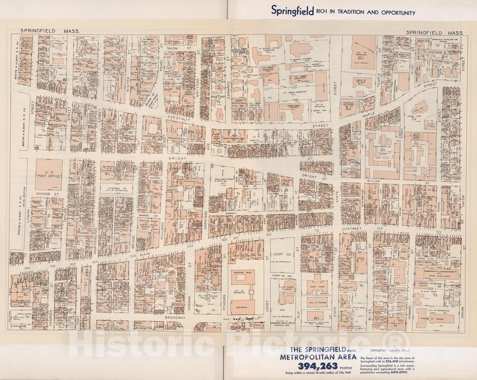 Historic Map : Business Section, City of Springfield (Massachusetts)., 1946, v1, Vintage Wall Decor