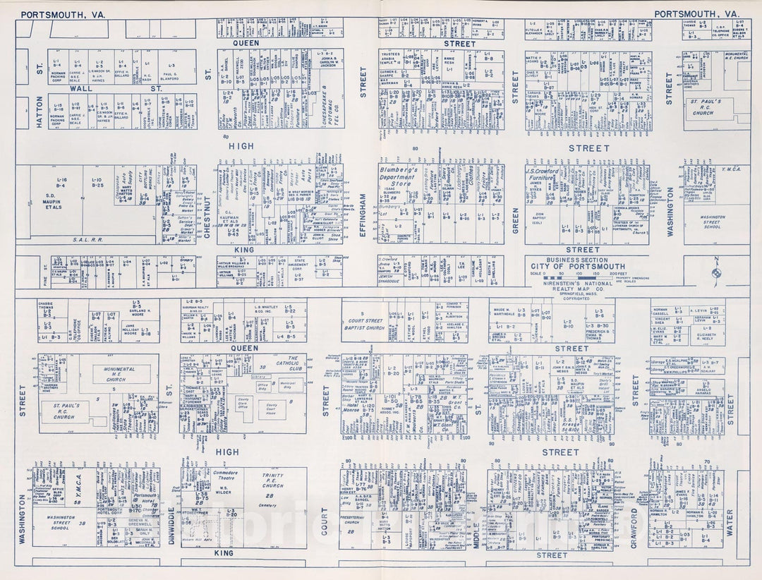 Historic Map : Business Section, City of Portsmouth (Virginia)., 1950, Vintage Wall Decor