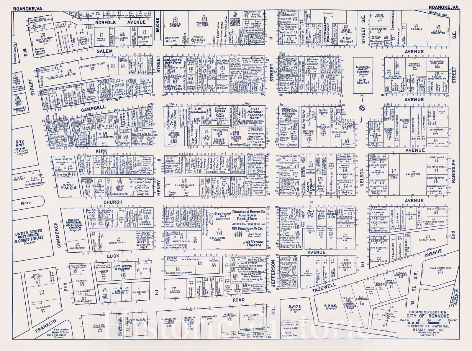 Historic Map : Business Section, City of Roanoke (Virginia)., 1950, Vintage Wall Decor