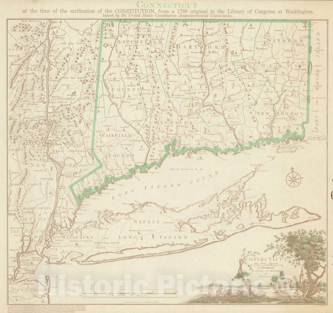Historic Map : Conecticut at the time of the ratification of the constitution, 1938, Vintage Wall Decor