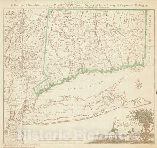 Historic Map : Conecticut at the time of the ratification of the constitution, 1938, Vintage Wall Decor