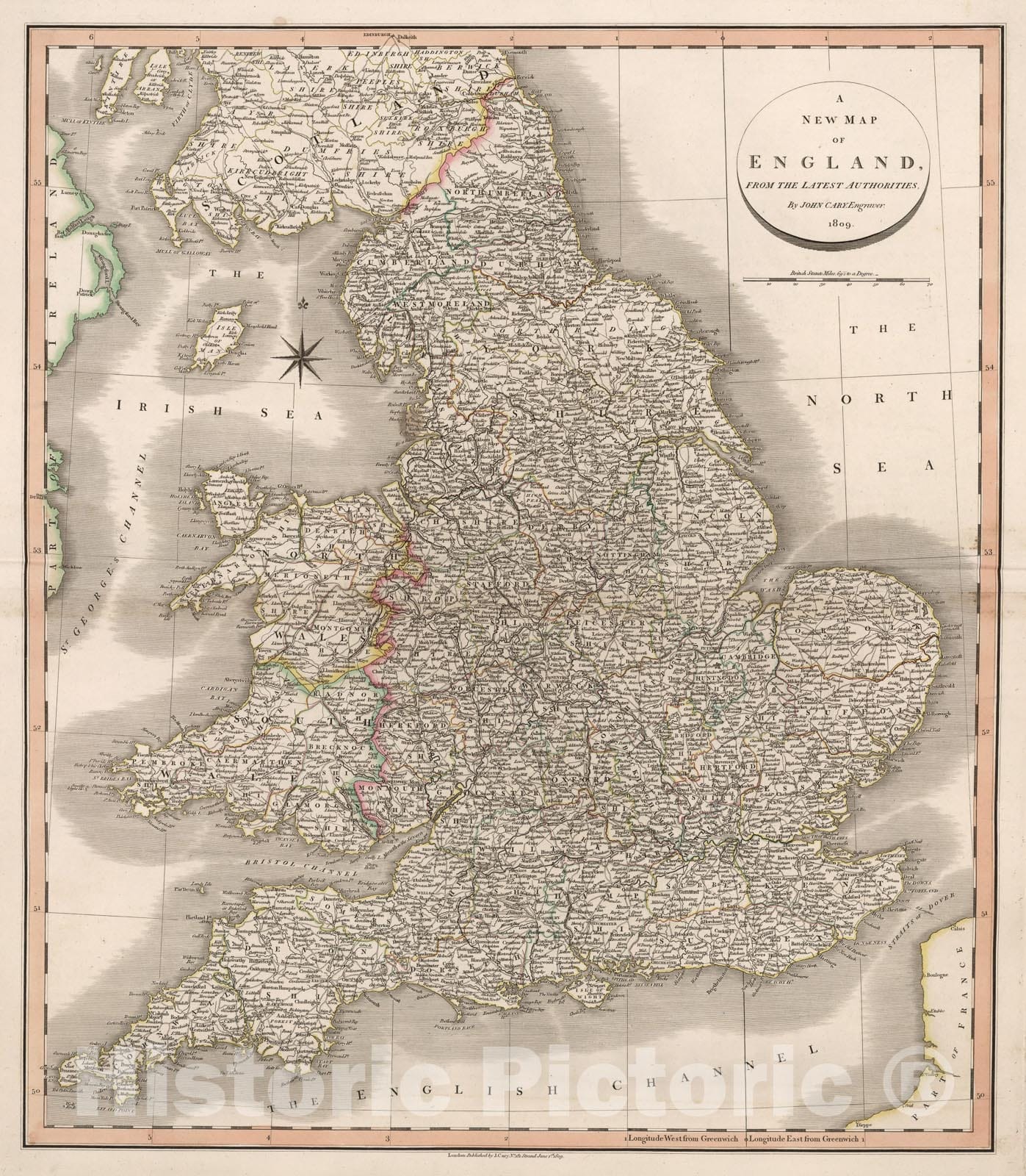 Historic Map : A new map of England, 1809, Vintage Wall Decor
