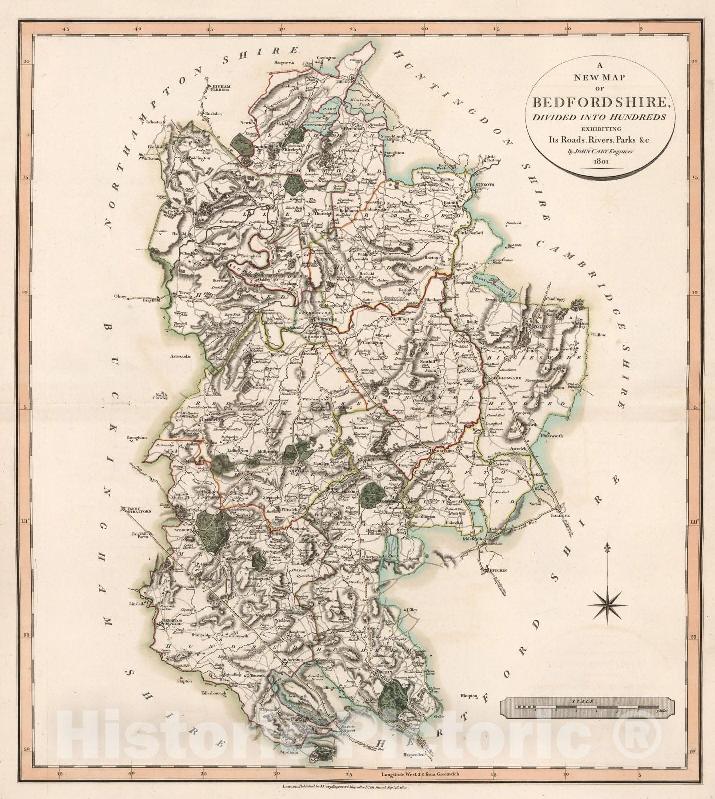 Historic Map : A new map of Bedfordshire, 1809, Vintage Wall Decor