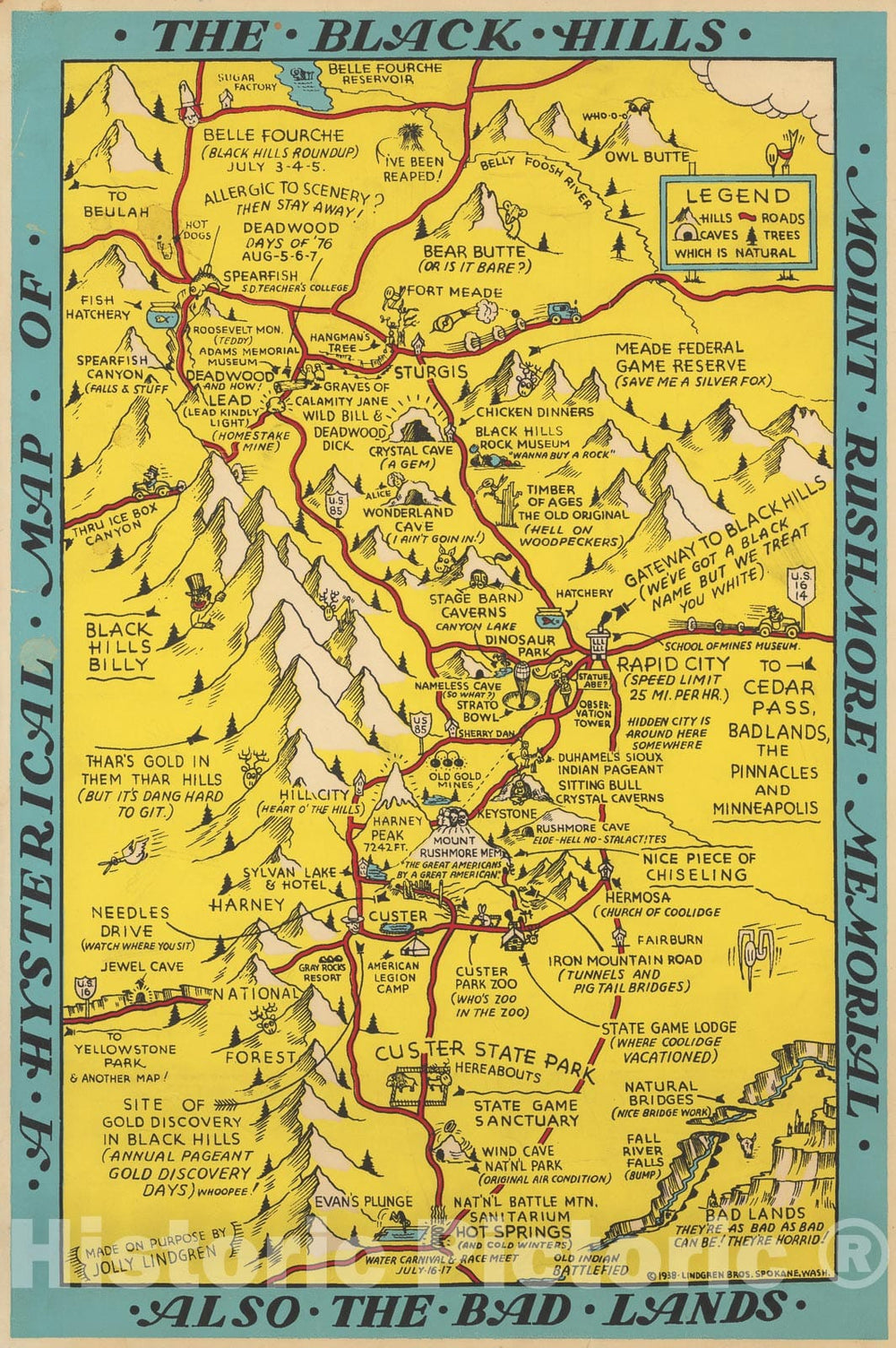 Historic Map : A histerical map of Black Hills, Mount Rushmore Memorial. Also the Bad Lands, 1938, Vintage Wall Decor