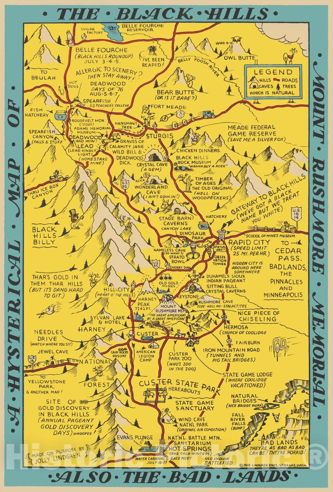 Historic Map : A histerical map of Black Hills, Mount Rushmore Memorial. Also the Bad Lands, 1938, Vintage Wall Decor