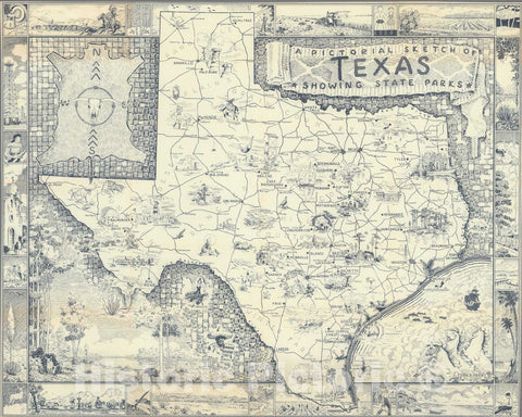 Historic Map : A pictorial sketch of Texas, 1939, Vintage Wall Decor