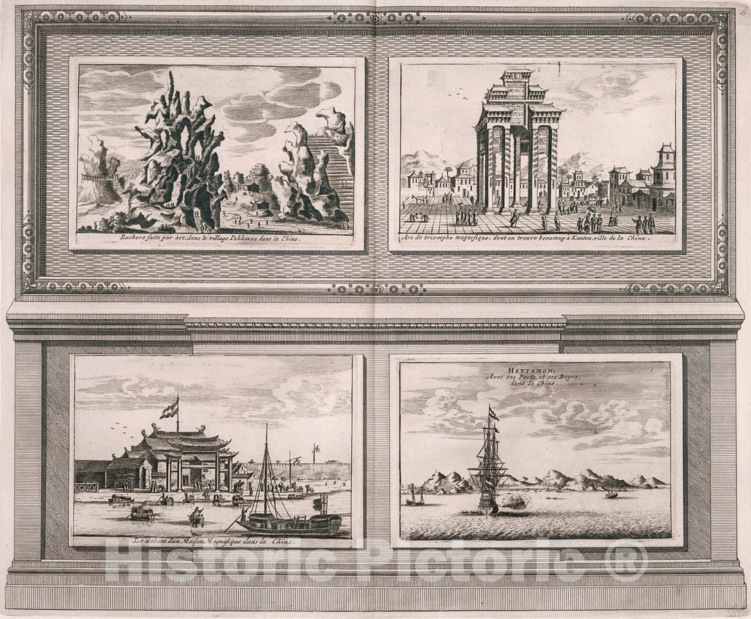 Historic Map : Rocks near Pekkinsa. b. Triumphal arch, Canton. c. a Magnificent House in China. d. Heytamon, 1728, Vintage Wall Decor