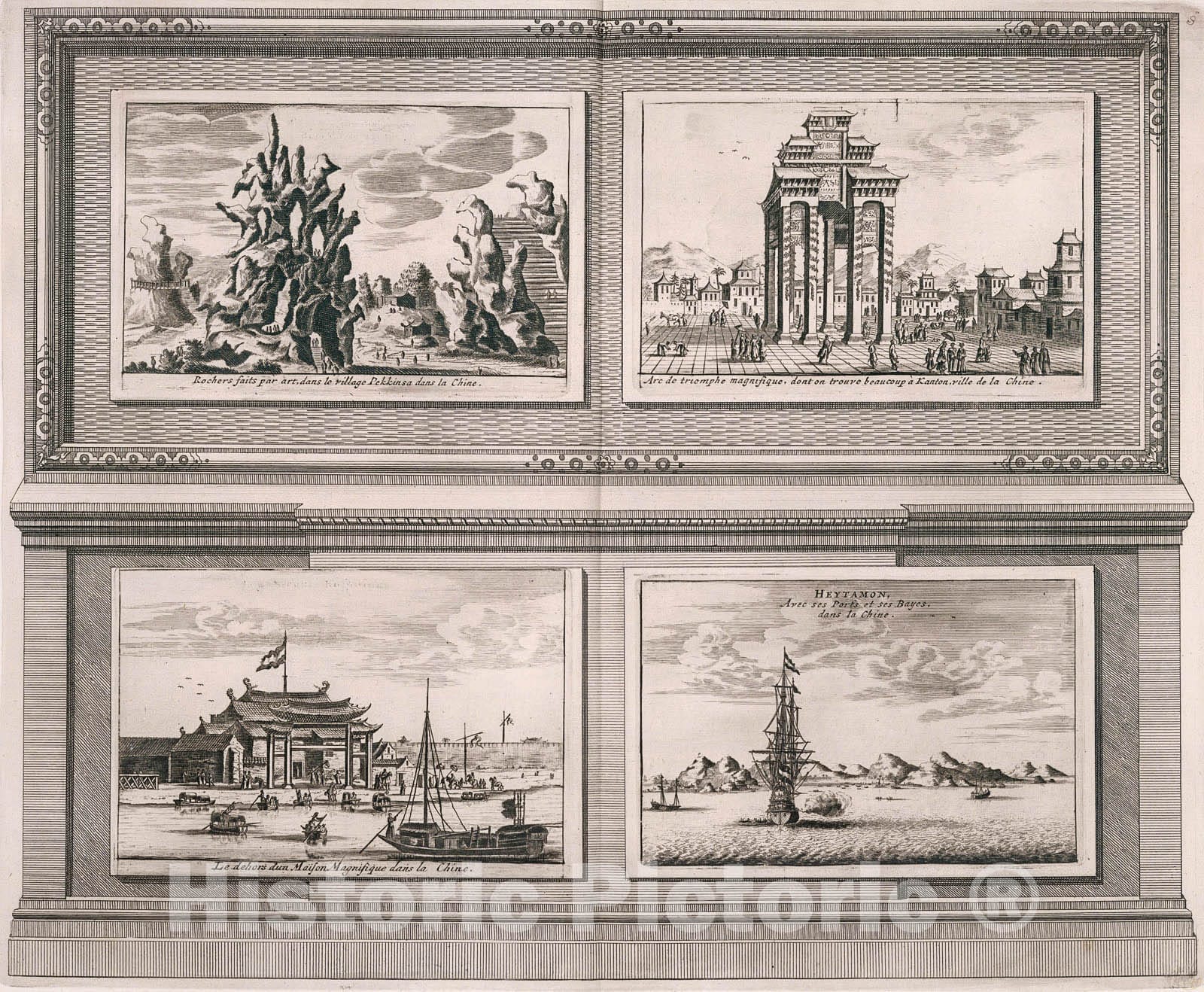Historic Map : Rocks near Pekkinsa. b. Triumphal arch, Canton. c. a Magnificent House in China. d. Heytamon, 1728, Vintage Wall Decor