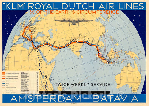 Historic Map : KLM Royal Dutch Airlines Amsterdam-Batavia Weekly Service, 1934, Vintage Wall Decor