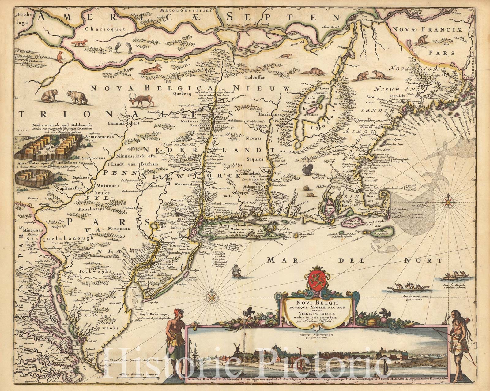 Historic Map : Novi Belgii Novaeque Angliae Nec Non partis Virginiae Tabula multis in locis emendata , 1656, Nicolaes Visscher I, Vintage Wall Art