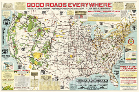 Historic Map : Good roads everywhere : Four fold system of highways-national highways-state highways, 1926, Vintage Wall Decor